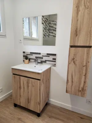 a bathroom with a sink and a mirror at Appartement refait à neuf in Villeneuve-la-Comptal