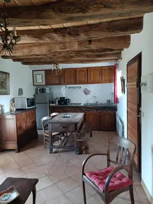 a kitchen with wooden cabinets and a table and chairs at Domaine Puy Saint Jammes in Castres
