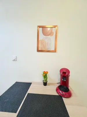 a red coffee maker on a table with a picture on the wall at Le Refuge du Midi in Pamiers