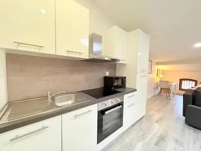 a kitchen with a sink and a microwave at Le Refuge du Midi in Pamiers
