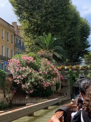 a group of people riding a boat down a canal with flowers at Maison de ville Centre de Narbonne 3 moulins in Narbonne