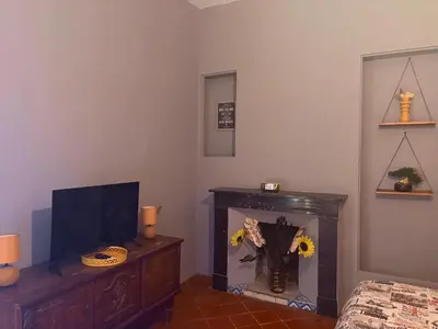 a living room with a fireplace and a tv at O'MAZETTE CHAMBRE ROMANTIQUE VUE JARDIN AVEC PISCINE découverte de l'Aude in Fabrezan