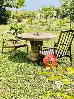 a table and two chairs and a table and a flower at Au bien-etre in Villemoustaussou