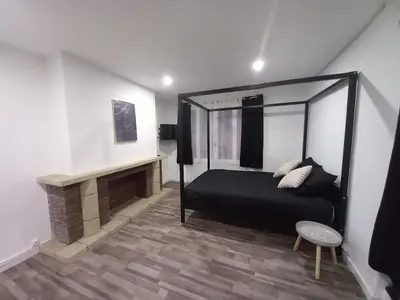 a bedroom with a black bed and a fireplace at Suite Noire et Blanche in Saint-Paul-de-Fenouillet