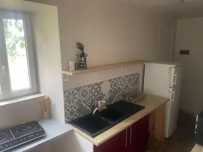 a small kitchen with a sink and a refrigerator at Dortoir de 12Lits in Mas-Saintes-Puelles