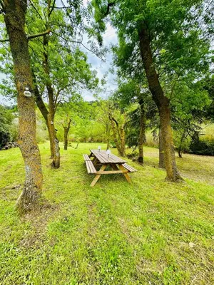 a wooden picnic table in a field with trees at Le Moulin de La Grave 450m2 in Lagrasse