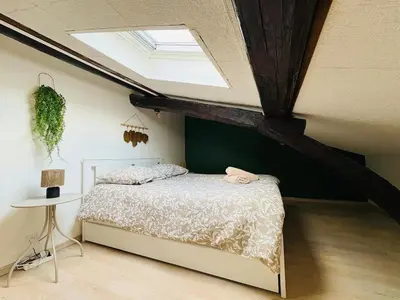 a bedroom with a bed and a skylight at Appartement Proche Place Soult l 2 CH in Castres