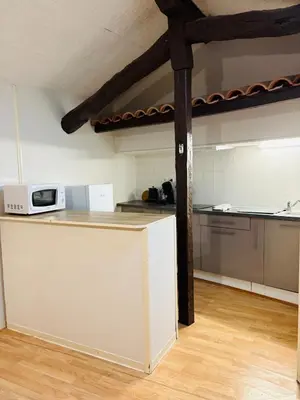 a kitchen with a counter with a microwave on it at Appartement Proche Place Soult l 2 CH in Castres
