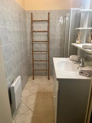 a bathroom with a sink and a towel ladder at Aux 138 bis in Carcassonne