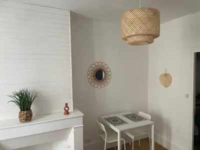 a living room with a table and a fireplace at Le Mi-Stud in Castres