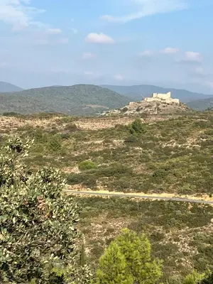 a view of a mountain with a castle on a hill at Chambre d'hôte Les Maisons de Gaïa in Tuchan