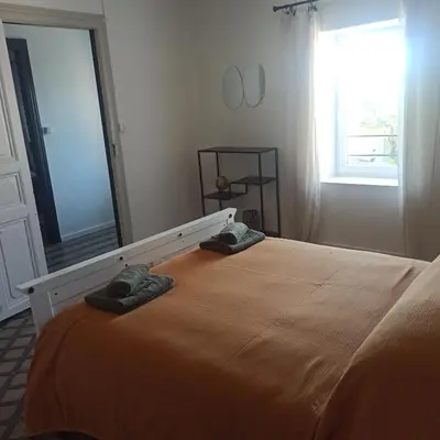 a bedroom with a large bed and a large mirror at Le gîte des lavandiéres in Quarante