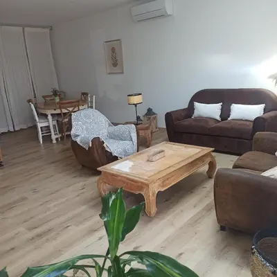 a living room with couches and a coffee table at Le gîte des lavandiéres in Quarante