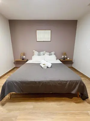 a bedroom with a large bed with two tables at Japandi en centre-ville in Narbonne