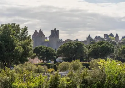 a castle in the distance with trees in the foreground at Lumaïa - Vue cité, terrasse & Piscine in Carcassonne