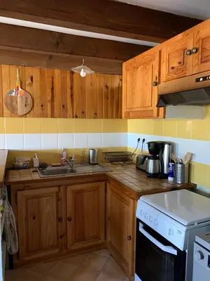 a kitchen with wooden cabinets and a stove top oven at La petite maison dans le Sidobre in Fontrieu