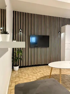 a living room with a black and white striped wall at Charmant Appartement - 2 chambres - Carcassonne Centre in Carcassonne