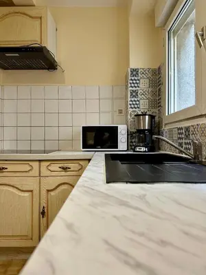 a kitchen with a sink and a microwave at Charmant Appartement - 2 chambres - Carcassonne Centre in Carcassonne