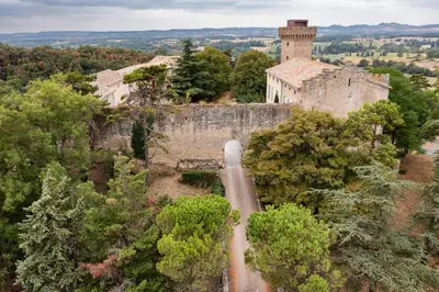 an aerial view of a castle with a road at Le Château de La Pomarède in La Pomarède