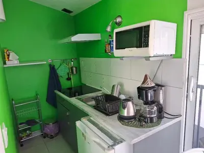 a green kitchen with a sink and a microwave at Le studio perché in Carcassonne