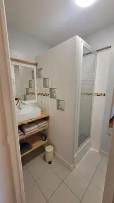 a bathroom with a sink and a shower at Le Clos des Oiseaux in Narbonne