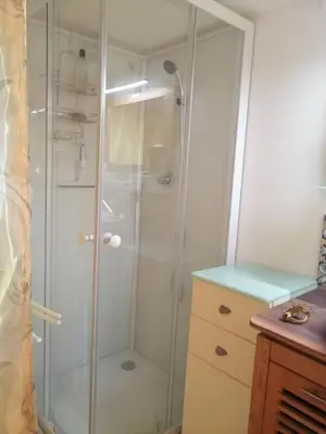 a shower with a glass door in a bathroom at La Succulente Vivace in Cambounès