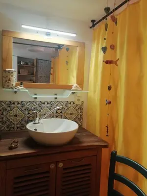 a bathroom with a white bowl sink on a vanity at La Succulente Vivace in Cambounès