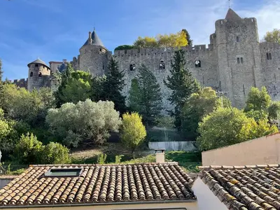 a large castle with trees and a roof at Entrez en lice, Face à la Cité vue sublime in Carcassonne