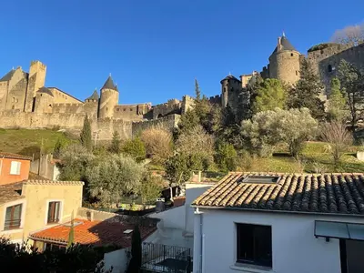 a view of a city with a castle in the background at Entrez en lice, Face à la Cité vue sublime in Carcassonne