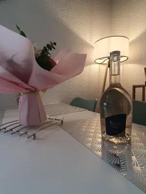 a bottle of wine sitting on a table next to a flower at Côté Marina in Gruissan