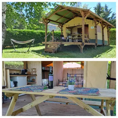 two pictures of a picnic table and a gazebo at grote lodge safaritent 4 in Camurac