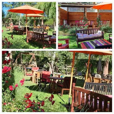 three pictures of tables and chairs and an umbrella at grote lodge safaritent 4 in Camurac