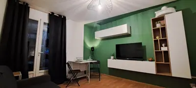 a living room with a green wall with a television at Charmant studio à Castres in Castres