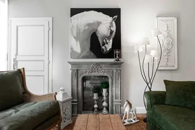 a living room with a fireplace and a picture of a horse at Le Tranquille characterful apartment in Carcassonne