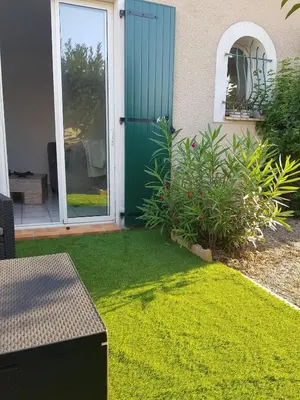 a yard with a green door and some plants at Villa piscine privée in Capestang