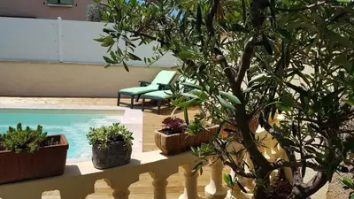 a swimming pool with potted plants on a fence at Villa piscine privée in Capestang