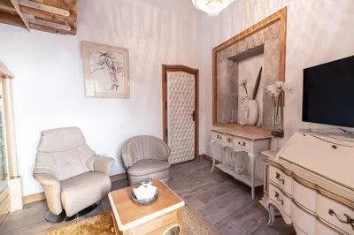 a living room with a television and a chair at Chambre romantique du Couvent in Narbonne