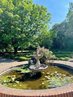 a fountain in the middle of a pond with lilies at Appartement dans l'aile du château 130M2 6 personnes in Carcassonne