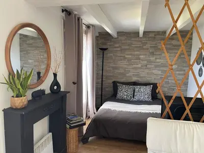 a bedroom with a bed and a brick wall at Logement Idéal pour un couple in Puisserguier