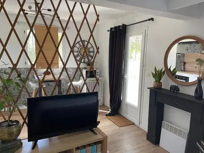 a living room with a tv and a fireplace at Logement Idéal pour un couple in Puisserguier