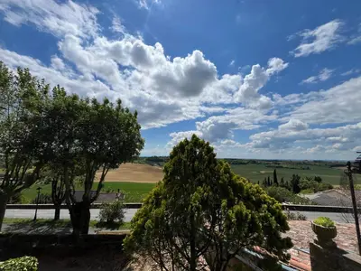 a view from the roof of a house with a tree at L'intendance - calme et cosy, vieilles pierres in Saint-Félix-Lauragais