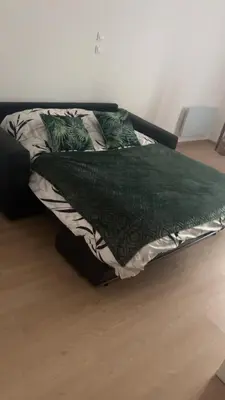 a bed with a green comforter in a room at Appartement douzens in Douzens