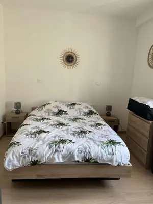 a bedroom with a bed with a comforter on it at Appartement douzens in Douzens