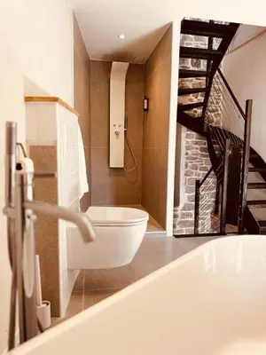 a bathroom with a white toilet and a staircase at La Nine in Aigne