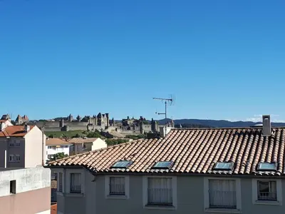 a roof of a building with a castle in the background at Grand appartement vue sur la Cité ! in Carcassonne