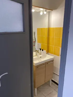 a bathroom with a sink and a mirror at Chez Eugénia & Frédéric in Port-la-Nouvelle