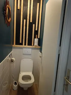 a bathroom with a toilet and a painting on the wall at le studio du Chat qui Pêche in Gruissan