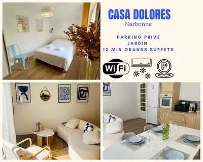 a collage of photos of a living room and a kitchen at Casa Dolorès parking, jardin, Gds Buffets 10 min in Narbonne