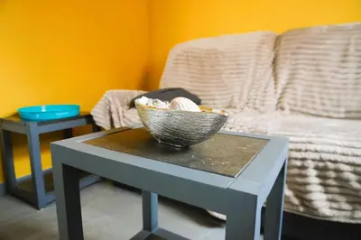 a table with a bowl on top of it next to a couch at Le Lagon Clim Parking 4Pers in Port-la-Nouvelle