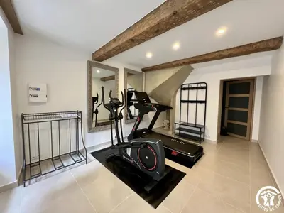a gym with a treadmill and a mirror at Helena in Quintillan